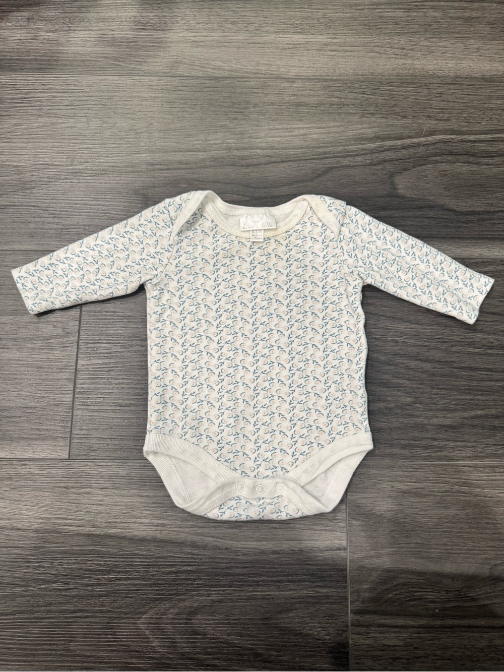 Long-Sleeve White Baby Bodysuit with Blue Floral Print